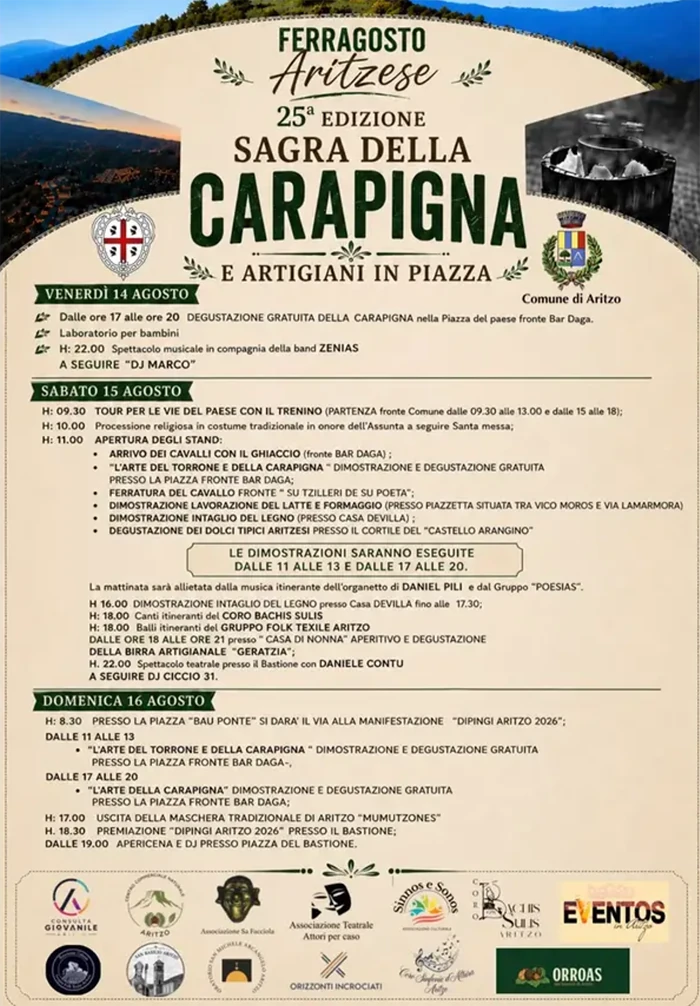 Locandina con il programma completo della Sagra della Carapigna 2026 ad Aritzo | In Sardegna con Dani