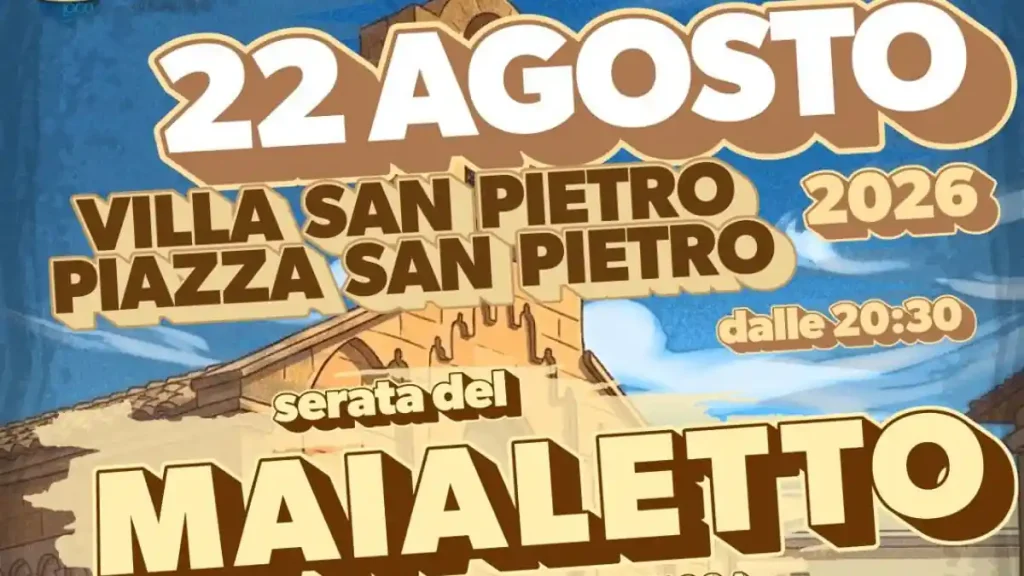 Serata dedicata alla sagra del maialetto (Porcetto) a Villa San Pietro, vicino Pula, manifesto ufficiale 2026 | In Sardegna con Dani