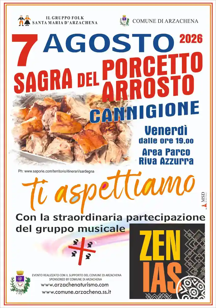 Sagra del porcetto arrosto a Cannigione 2026, locandina con data, location e programma | In Sardegna con Dani