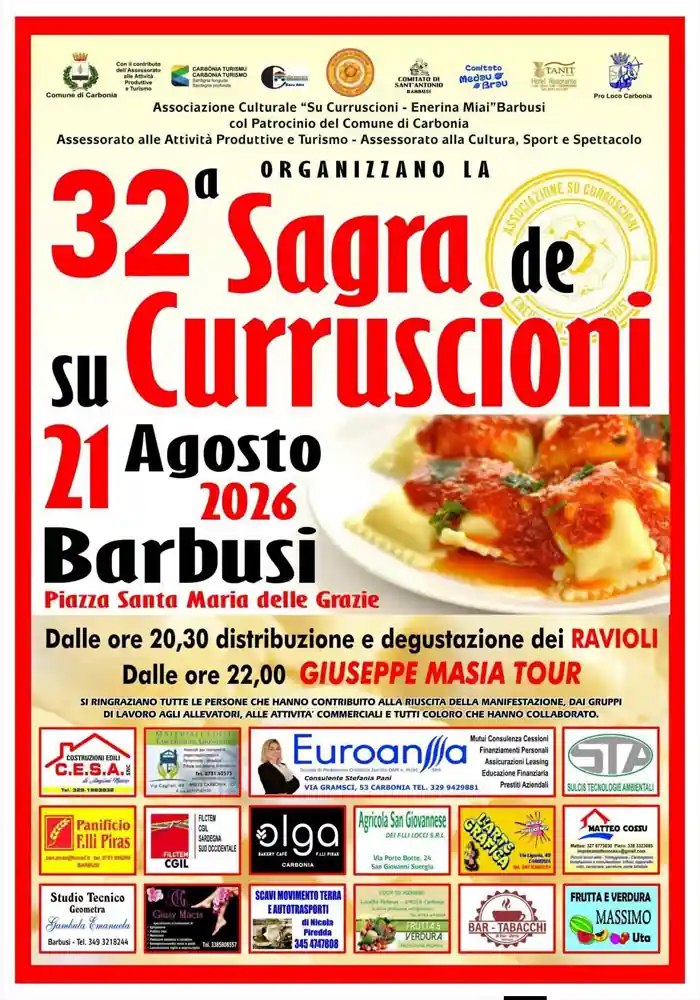 Locandina con il programma completo della sagra dei ravioli di Barbusi 2026 | In Sardegna con Dani