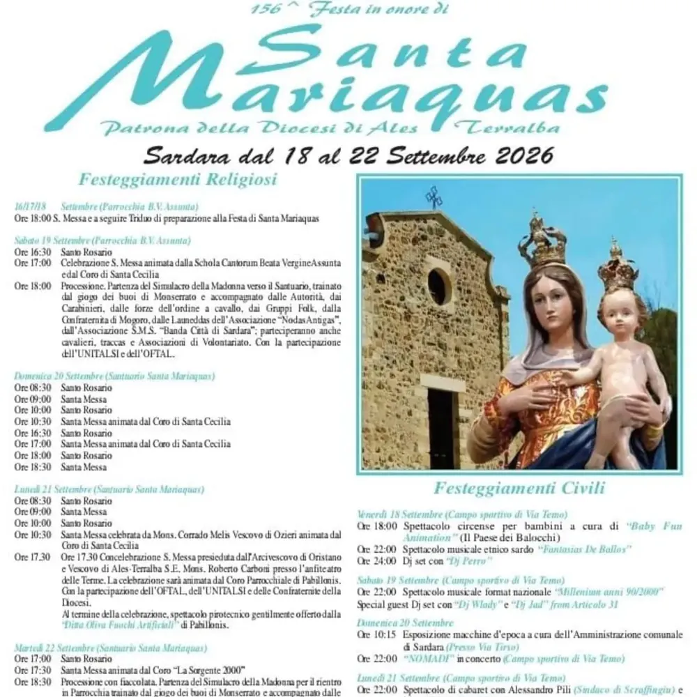 Festa di Santa Mariaquas Sardara 2026, locandina con il programma religioso e civile | In Sardegna con Dani